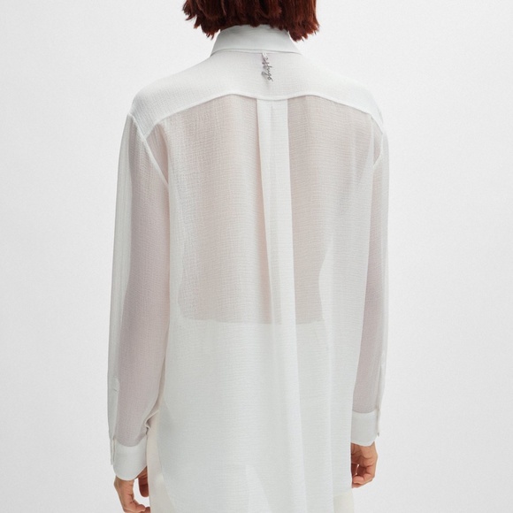 New! Hugo Boss Blouse in Soft Seersuccer with Point Collar, White, Size L/XL - Picture 7 of 9